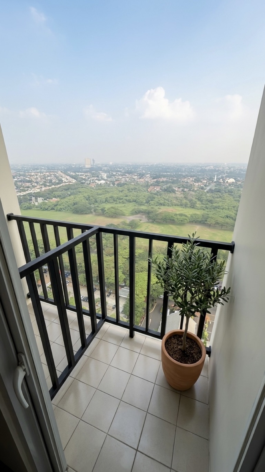 Private balcony with olive tree overlooking the green park