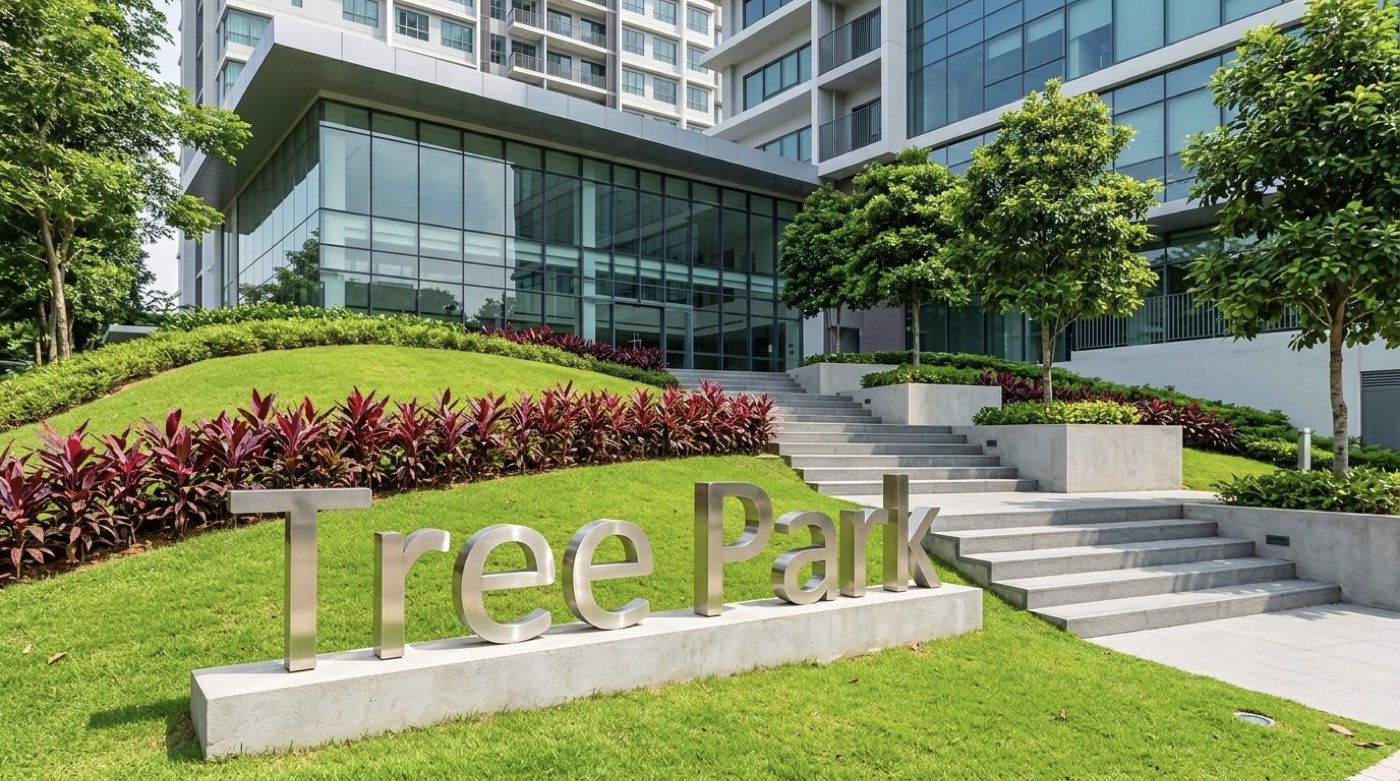 Landscaped Tree Park entrance with polished steel lettering on a green lawn
