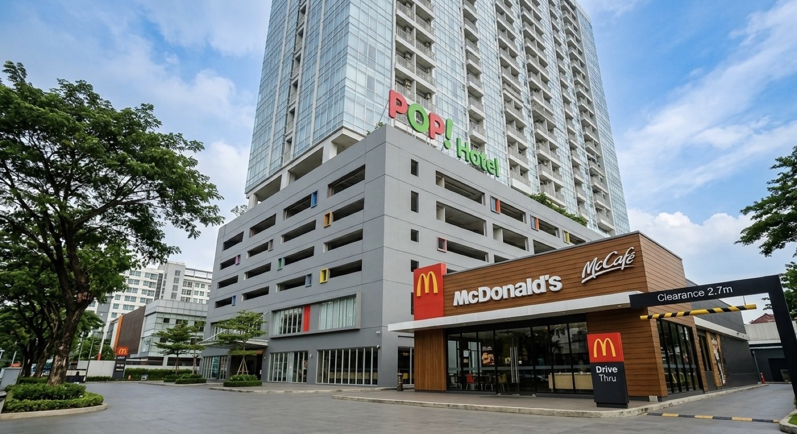 TreePark Serpong tower with McDonald's Drive-Thru and POP! Hotel at its base